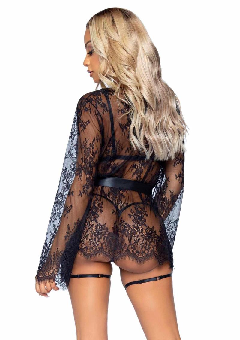 Leg Avenue Eyelash Lace Garter Teddy with G-String Back and Adjustable Straps, Lace Robe and Ribbon Tie