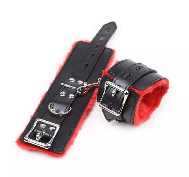 JOYGASMS Black Leather Lockable Ankle cuffs lined with Red Faux Fur
